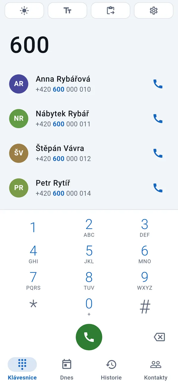 Klávesnice: nad zadanými číslicemi odpovídající zákazníci, pod nimi číselník.