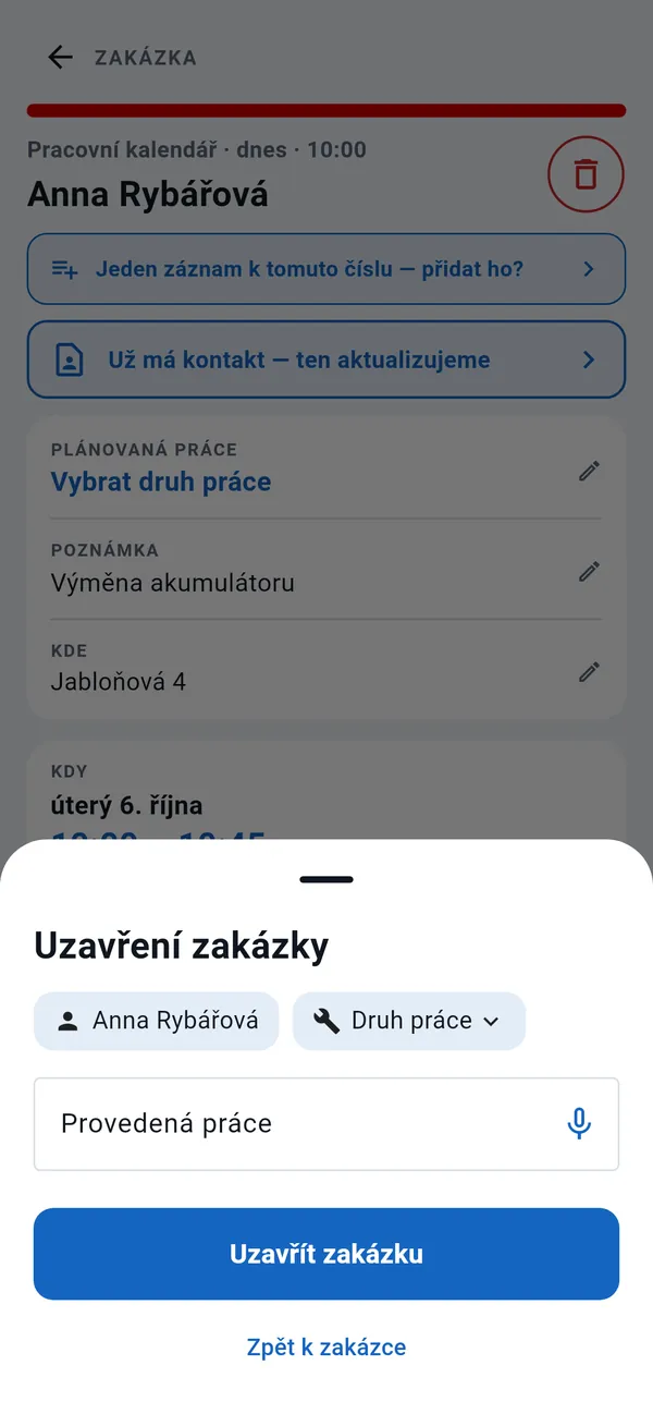 Okno Uzavření zakázky: zákazník, druh práce, pole Provedená práce s tlačítkem pro diktování a tlačítko Uzavřít zakázku.