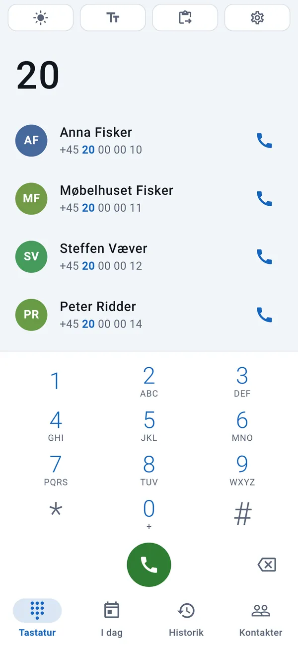 Tastatur: kunder, der passer til de indtastede cifre, øverst og tastaturet nederst.