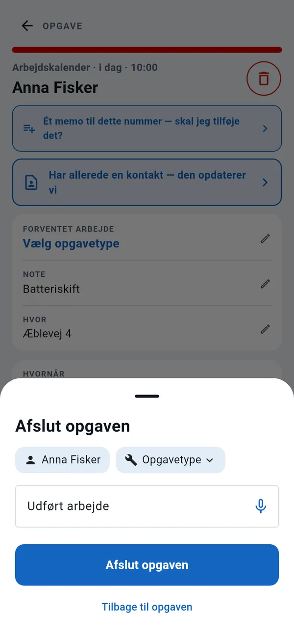 Vinduet Afslut opgaven: kunde, opgavetype, feltet Udført arbejde med dikteringsknap og knappen Afslut opgaven.