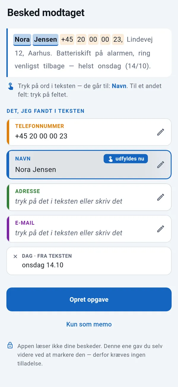 Indsat SMS med fundet telefonnummer og dag, navnet udfyldes nu; felter til adresse og e-mail at trykke på; knappen Opret opgave nedenunder.