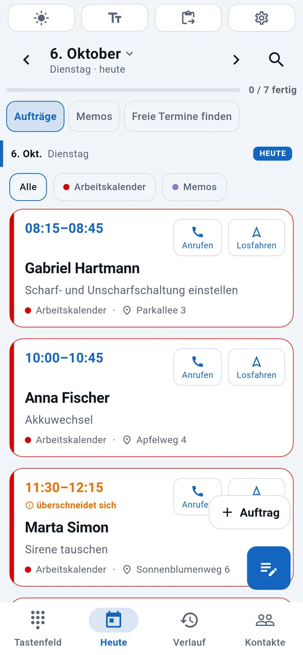 WorkDialer, Tab „Heute“: Liste der heutigen Aufträge mit Uhrzeit, Kundenname, Auftragsart und Adresse.