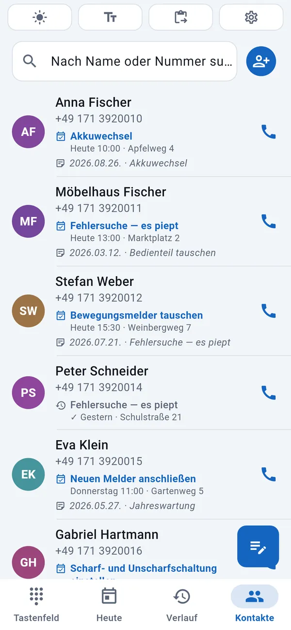 Kontaktliste mit Kunden, jeweils mit Datum und Art des Auftrags.