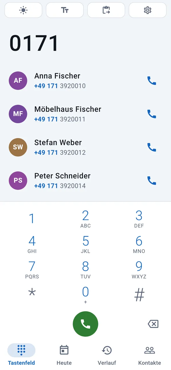 Tastenfeld: passende Kunden über den getippten Ziffern, darunter die Zifferntasten.