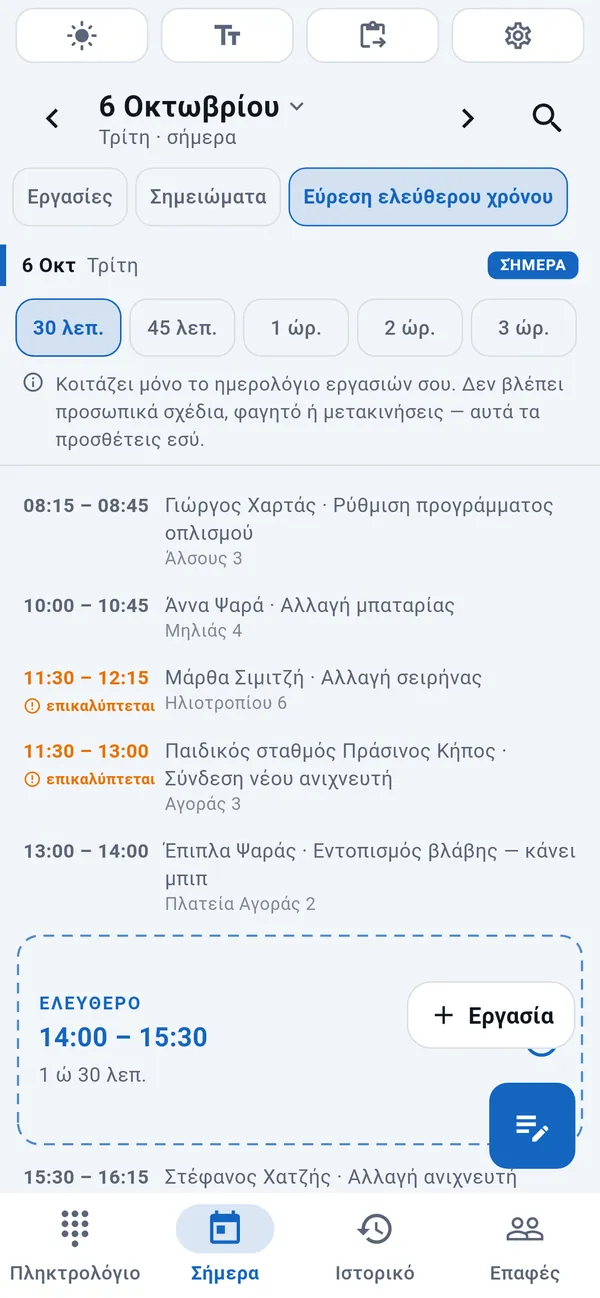 Εύρεση ελεύθερου χρόνου: οι διάρκειες για επιλογή, οι σημερινές εργασίες με σήμανση στις επικαλύψεις, και ανάμεσά τους ένα ελεύθερο διάστημα (14:00–15:30) τονισμένο με το κουμπί Εργασία.