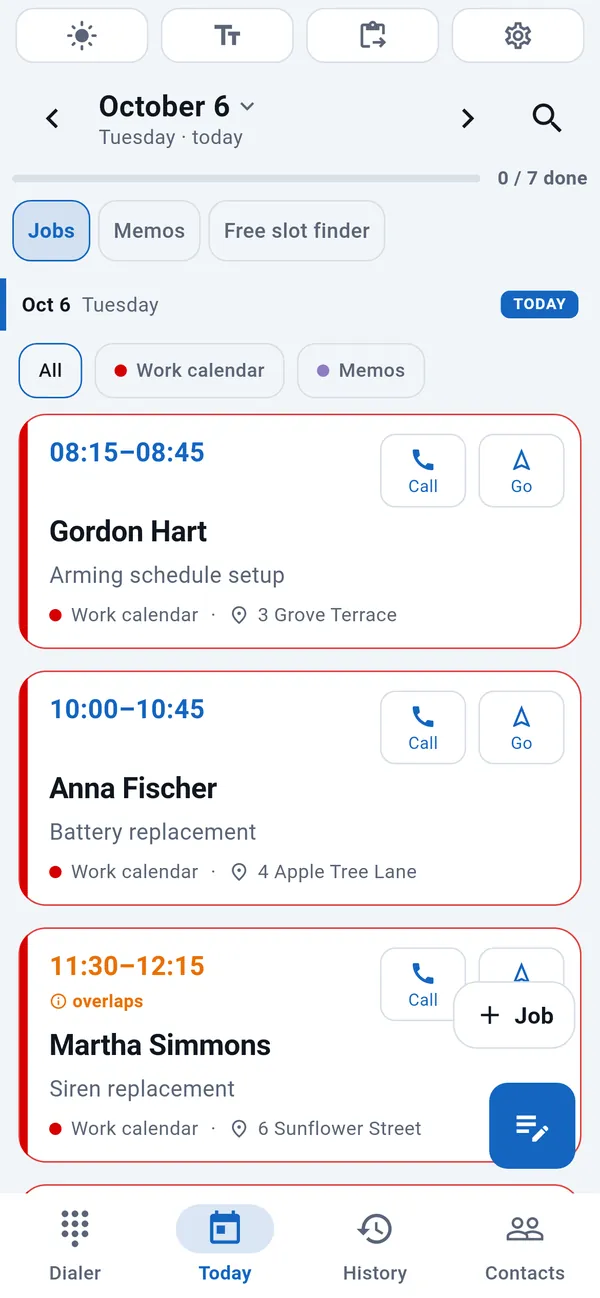 WorkDialer Today tab: list of today's jobs with time, customer name, job type and address.