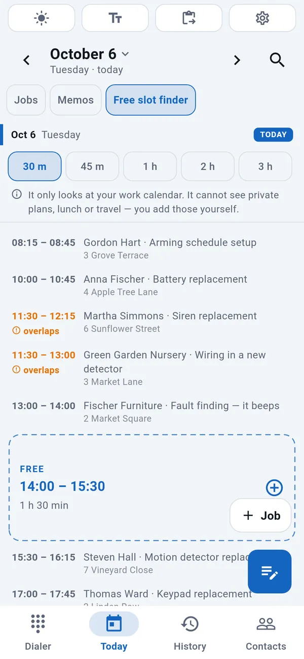 Free slot finder: the durations to choose from, today’s jobs with overlaps flagged, and a free slot (14:00–15:30) highlighted between them with the Job button.