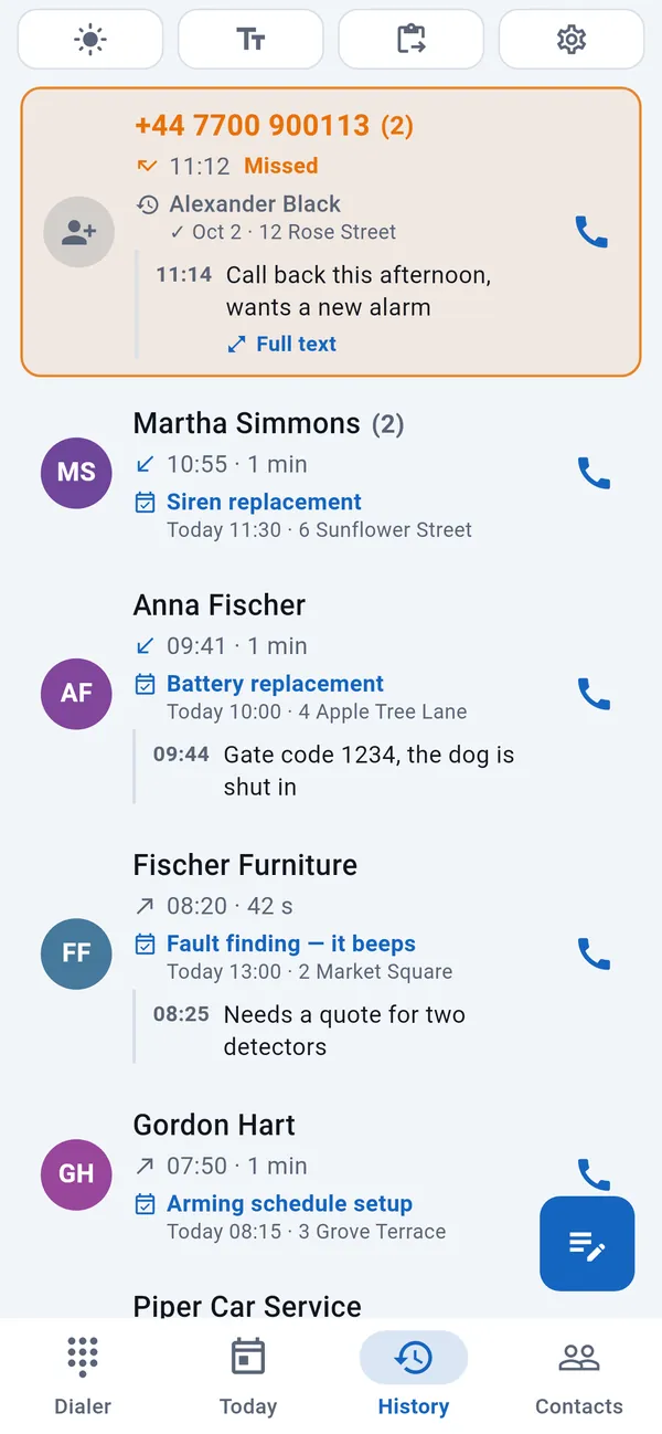 Call history: a missed call highlighted, below it the callers with their jobs and notes.