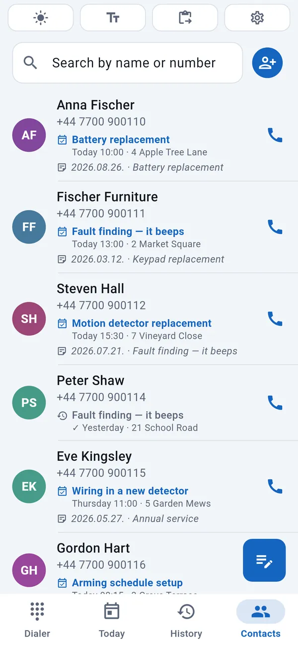 Contact list of customers, each with the date and type of their job.