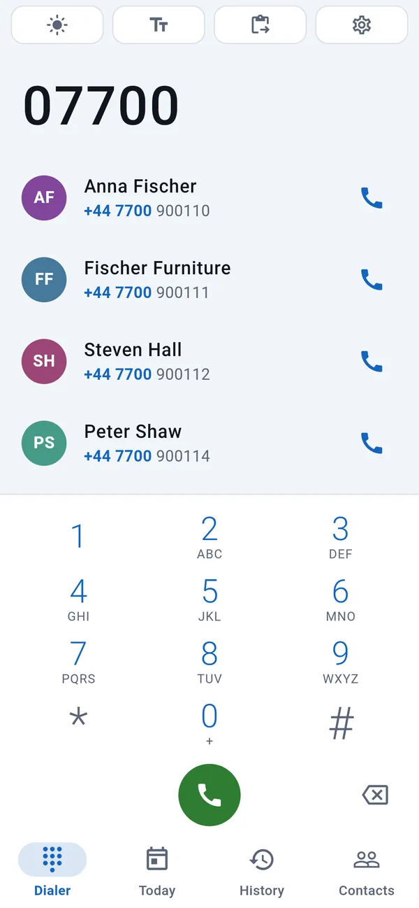 Dialer: matching customers above the typed digits, the keypad below.