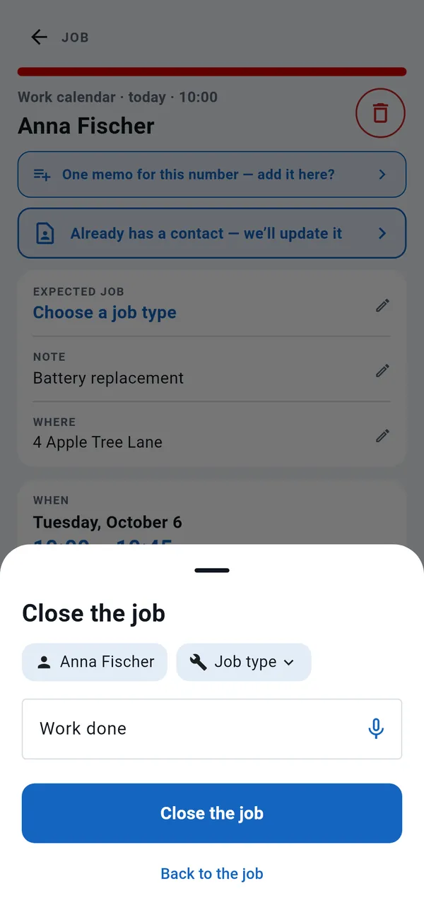 Close the job window: customer, job type, a work-done field with a dictation button, and the Close the job button.