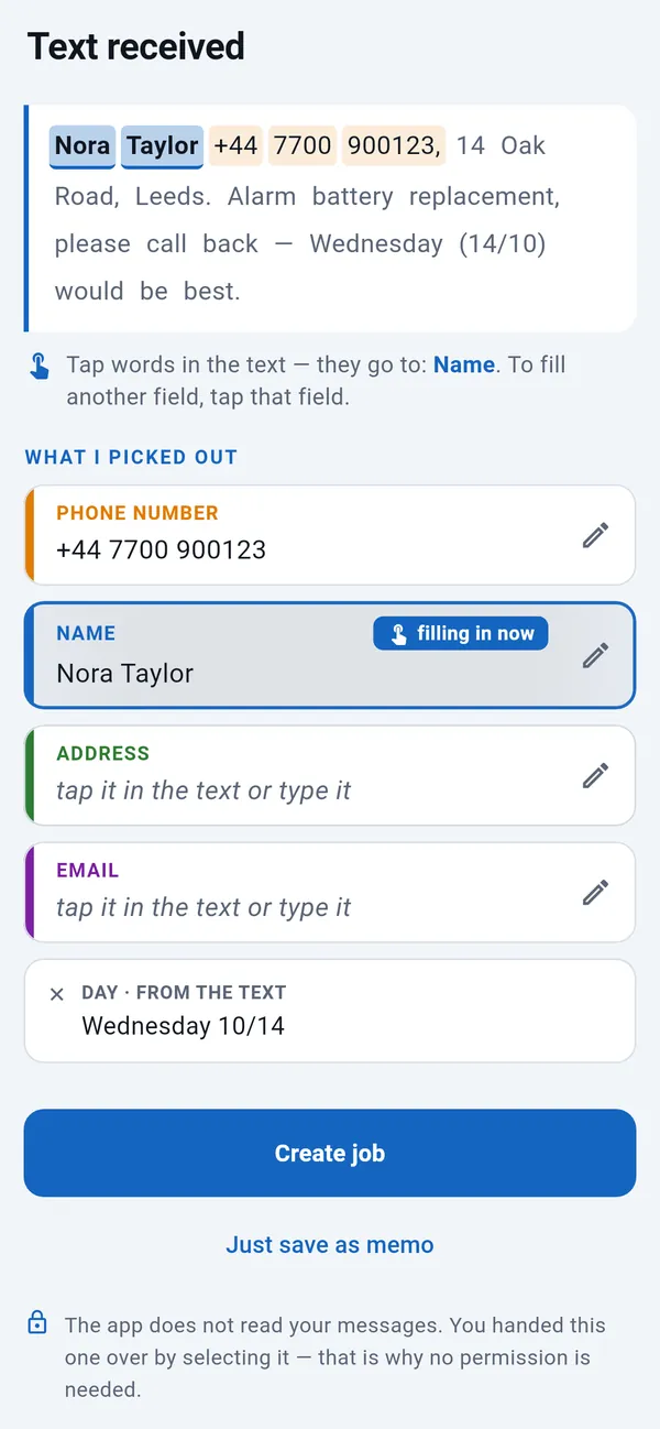 Pasted text message with the phone number and day picked out and the name being filled in; address and email fields to tap in; the Create job button below.