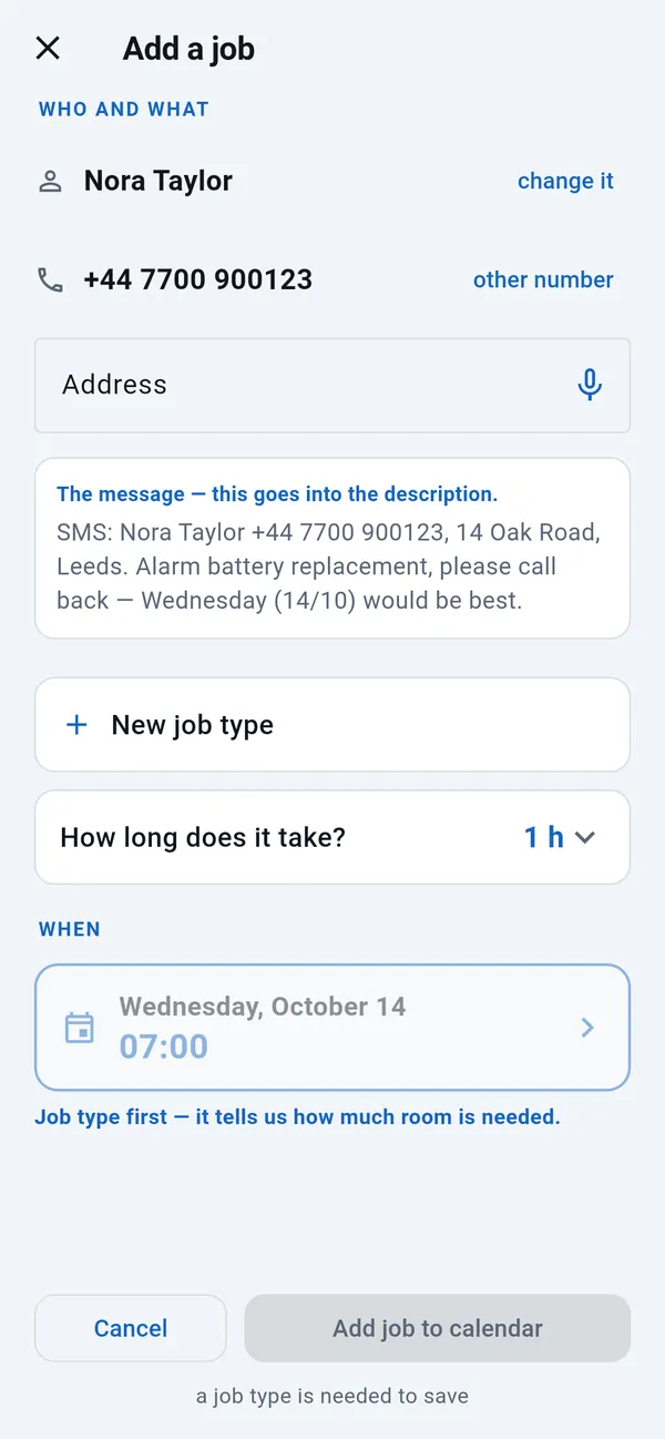 Add a job: name and phone number filled in, an empty address field, the customer's message, job type, duration and the day taken from the message.