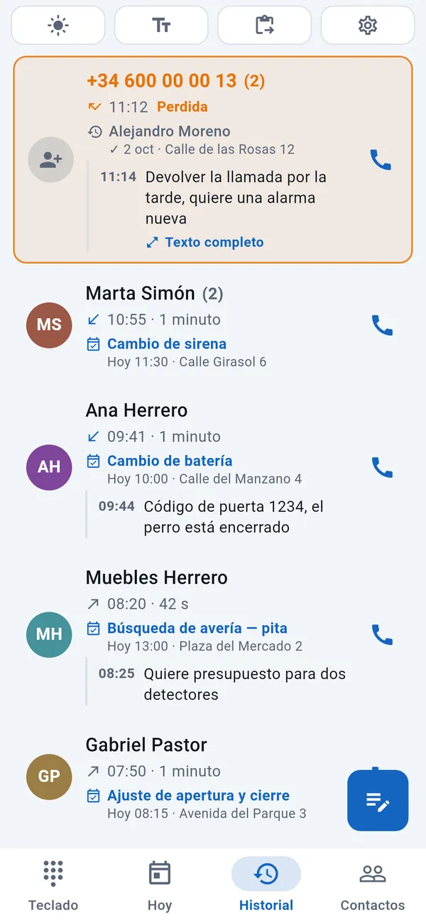 Historial: una llamada perdida destacada arriba y, debajo, las llamadas con sus trabajos y notas.