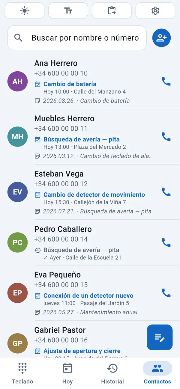 Lista de contactos de clientes, cada uno con su número, el trabajo programado y la fecha y el tipo de la última visita.