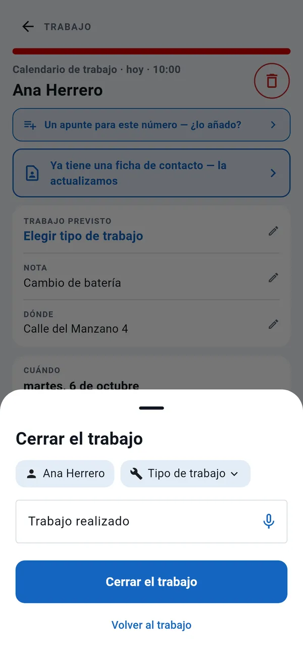 Ventana Cerrar el trabajo: cliente, tipo de trabajo, campo Trabajo realizado con botón de dictado y el botón Cerrar el trabajo.