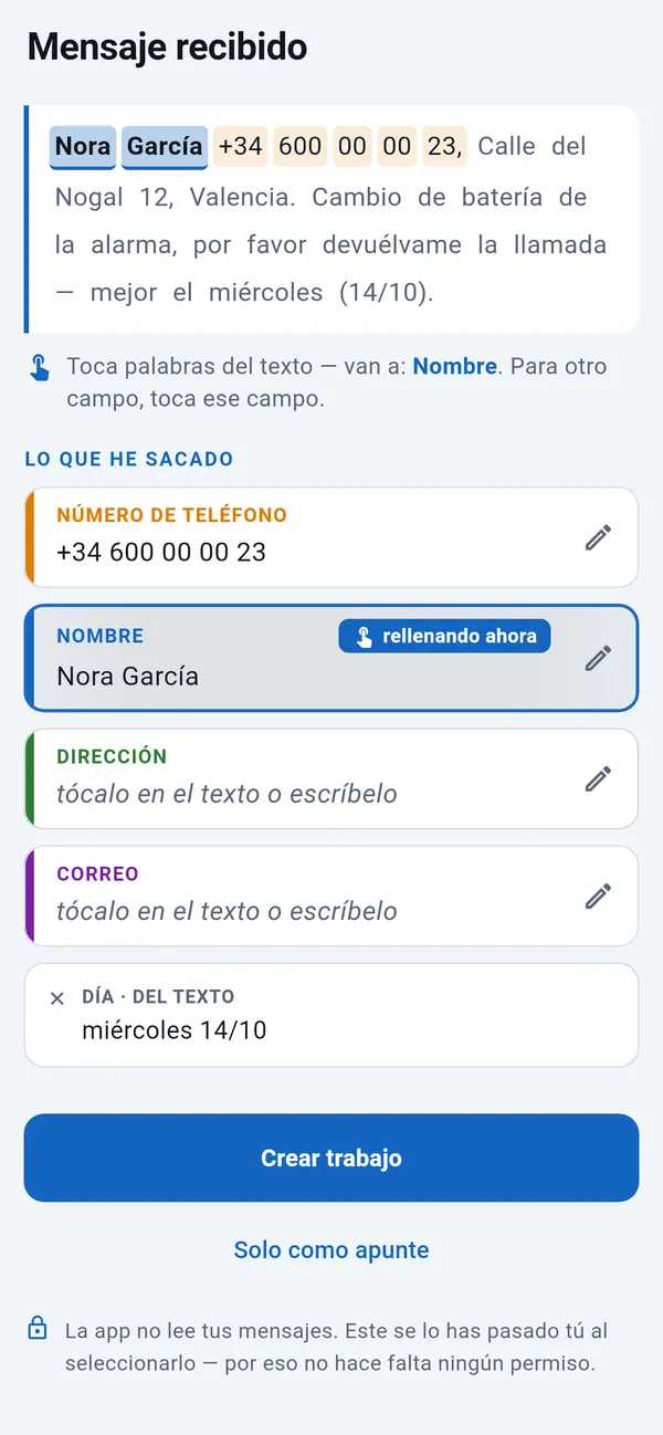 SMS pegado con el número de teléfono y el día detectados y el nombre rellenándose; campos de dirección y correo para tocar; debajo, el botón Crear trabajo.