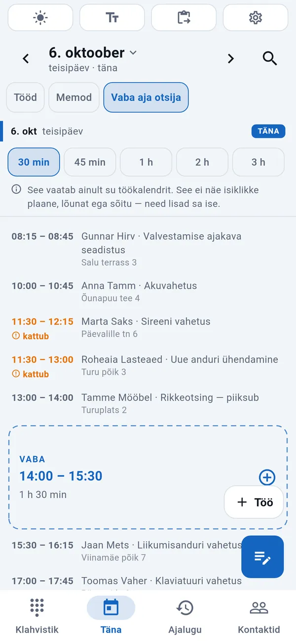 Vaba aja otsija: valitavad kestused, tänased tööd koos kattuvuste märgistusega ja nende vahel esile tõstetud vaba aeg (14:00–15:30) nupuga Töö.