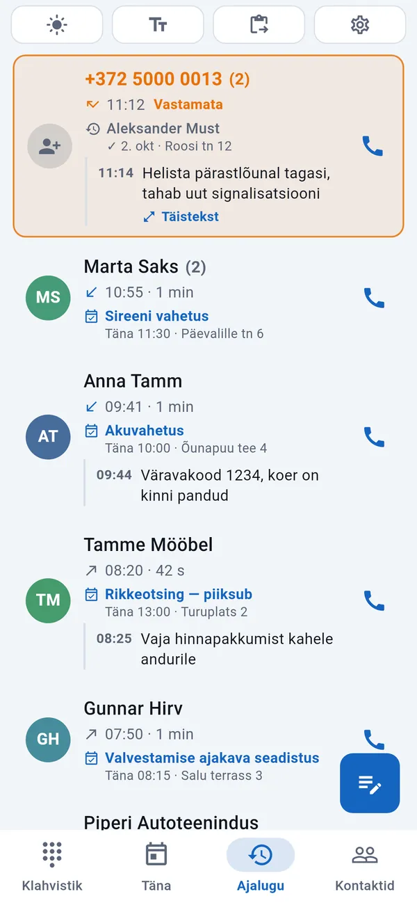 Kõneajalugu: esile tõstetud vastamata kõne, selle all helistajad koos oma tööde ja märkmetega.