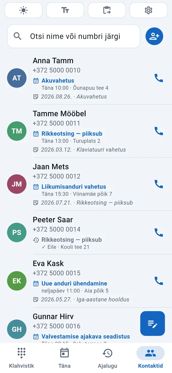 Klientide kontaktiloend, igaühe juures töö kuupäev ja liik.