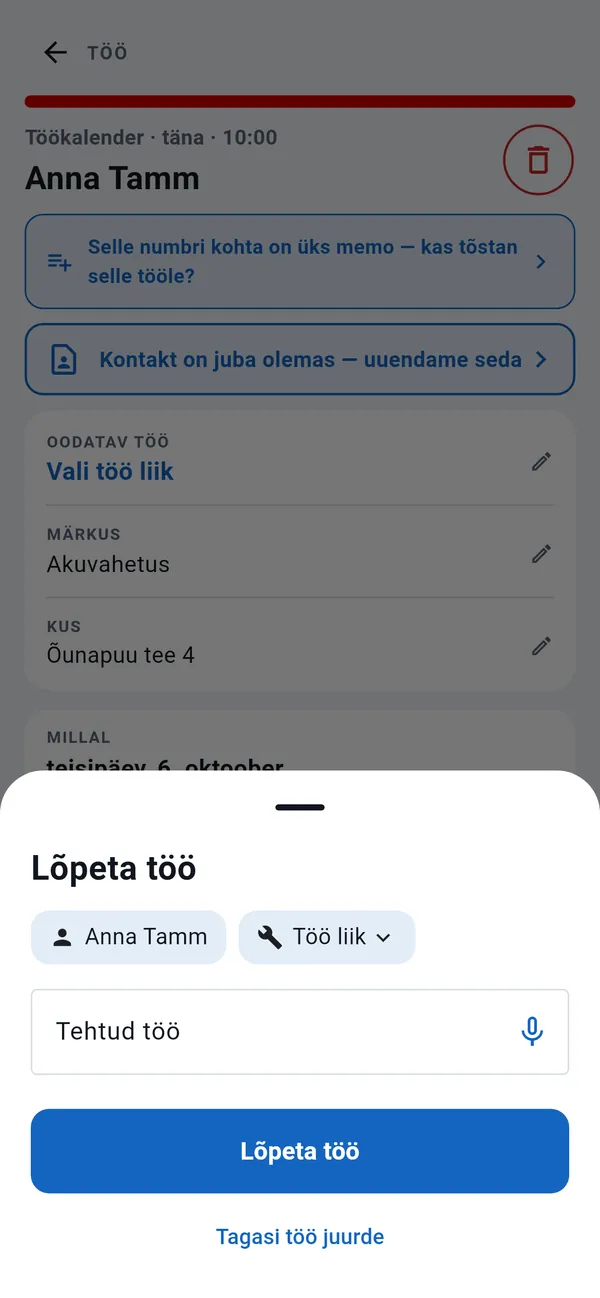 Aken Lõpeta töö: klient, töö liik, väli Tehtud töö dikteerimisnupuga ja nupp Lõpeta töö.