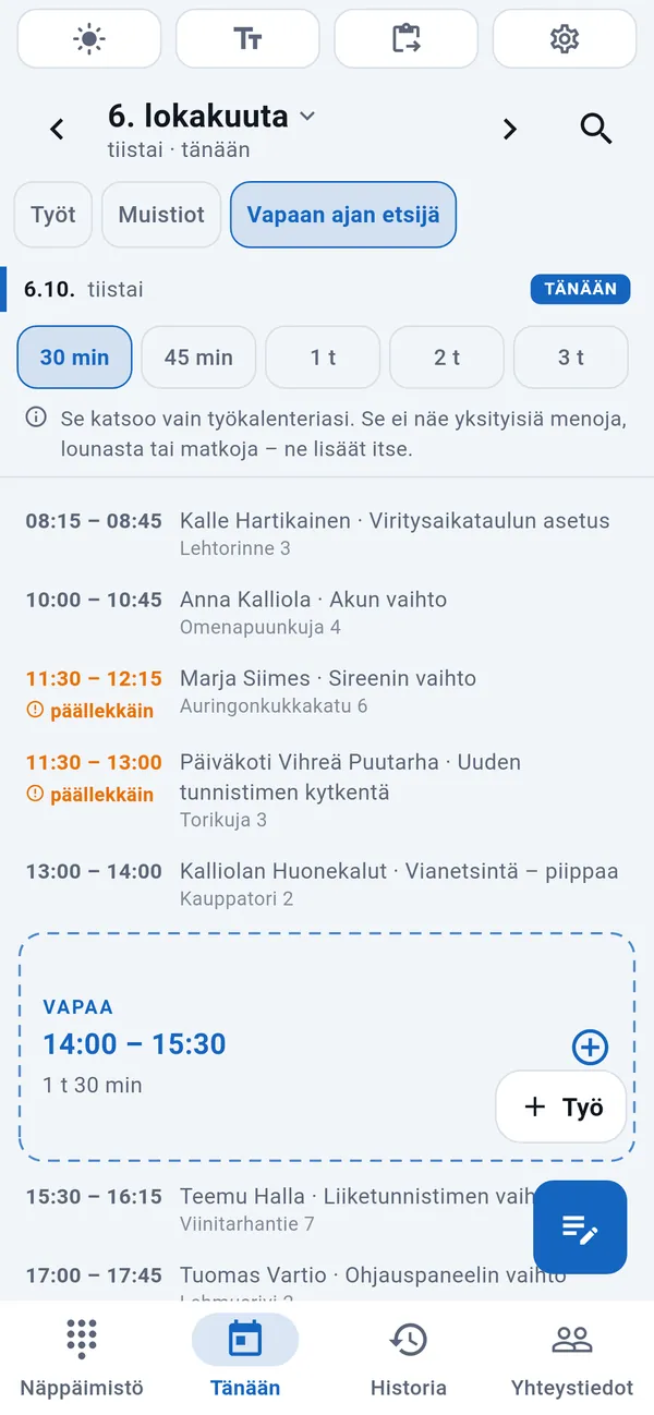 Vapaan ajan etsijä: valittavat kestot, tämän päivän työt päällekkäisyydet merkittyinä ja niiden välissä korostettu vapaa aika (14:00–15:30) Työ-painikkeen kanssa.