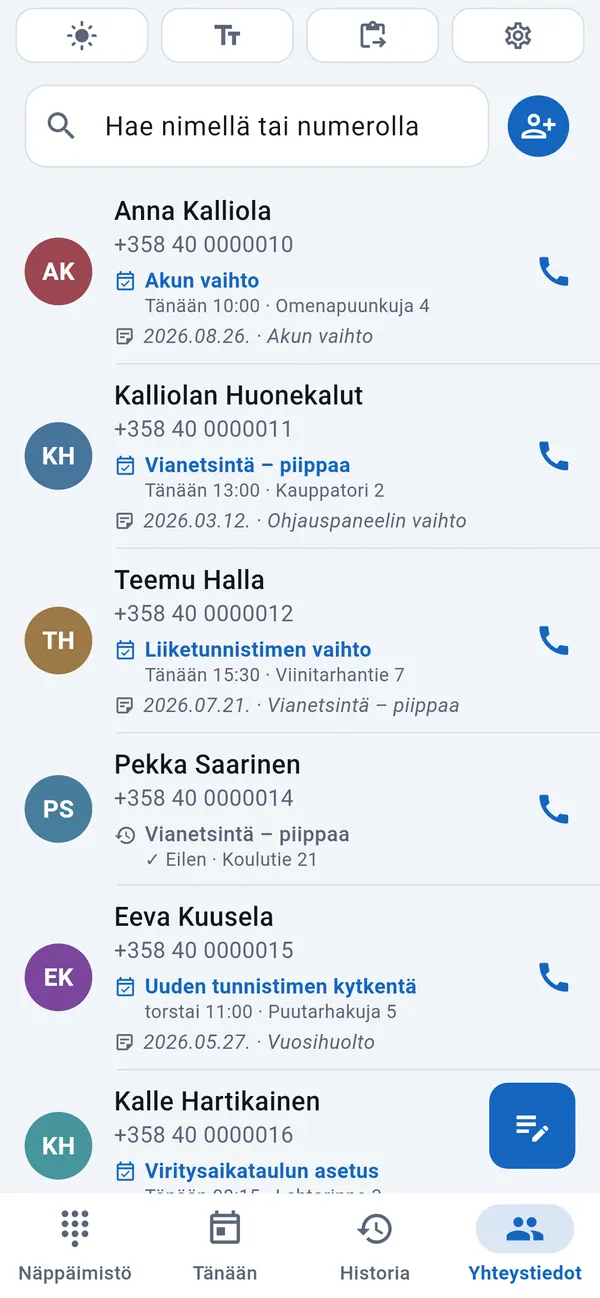 Asiakkaiden yhteystietoluettelo, jokaisella työn päivä ja tyyppi.