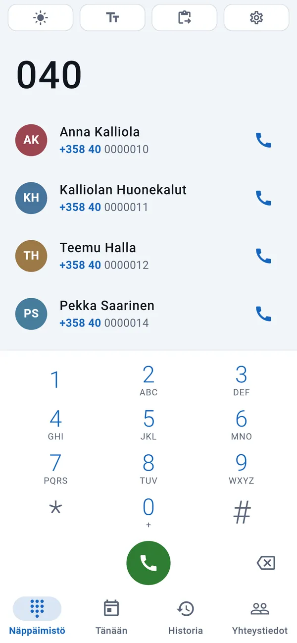 Näppäimistö: sopivat asiakkaat näppäiltyjen numeroiden yläpuolella, numeronäppäimet alla.