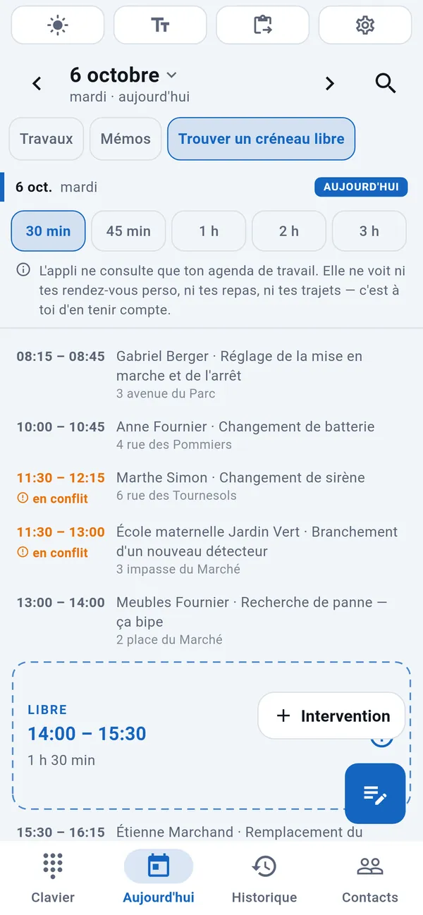 Recherche de créneau libre : les durées au choix, les interventions du jour avec les chevauchements signalés, et entre elles un créneau libre (14:00–15:30) mis en évidence avec le bouton Intervention.