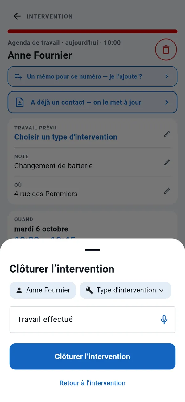 Fenêtre Clôturer l'intervention : client, type d'intervention, champ Travail effectué avec bouton de dictée, et le bouton Clôturer l'intervention.