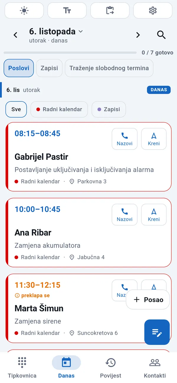 WorkDialer, kartica Danas: popis današnjih poslova s vremenom, imenom klijenta, vrstom posla i adresom.