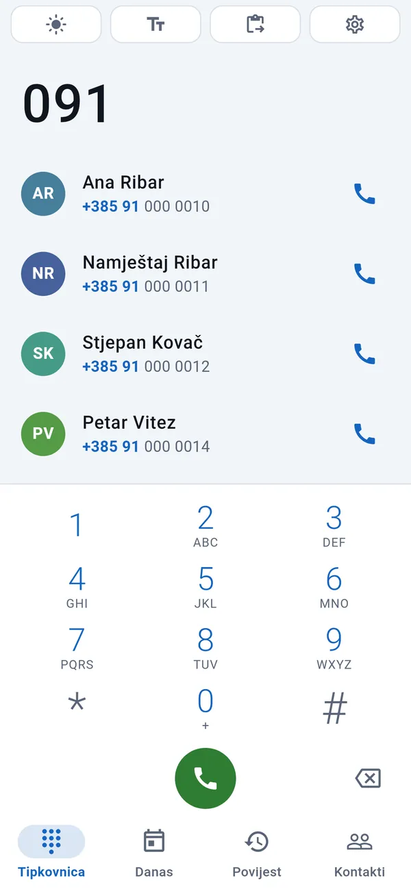 Tipkovnica: iznad upisanih znamenki odgovarajući klijenti, ispod brojčane tipke.