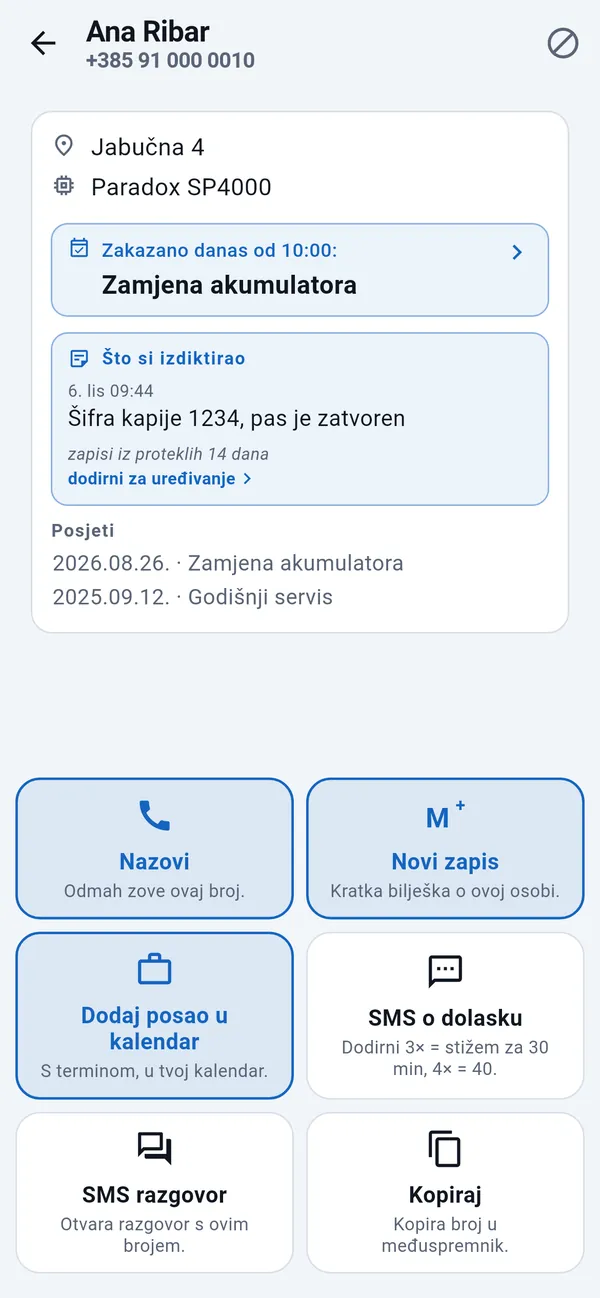 Stranica klijenta s adresom, zakazanim poslom, prijašnjim posjetima i brzim pločicama: Nazovi, Novi zapis, Dodaj posao u kalendar, SMS o dolasku, SMS razgovor, Kopiraj.