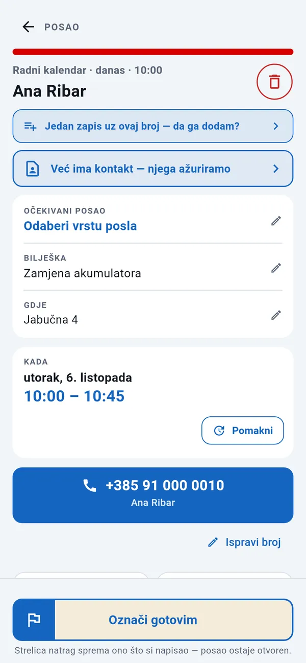 Stranica posla: vrsta posla, bilješka, adresa i vrijeme, gumb za poziv i gumb Označi gotovim.