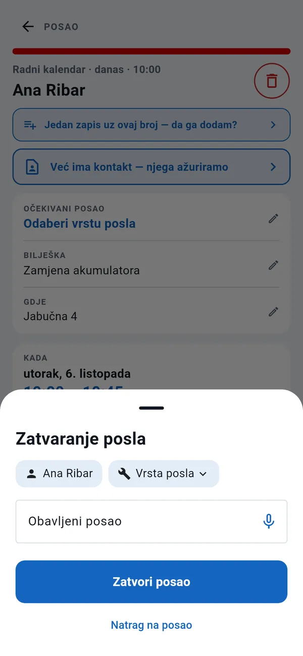 Prozor Zatvaranje posla: klijent, vrsta posla, polje Obavljeni posao s gumbom za diktiranje i gumb Zatvori posao.
