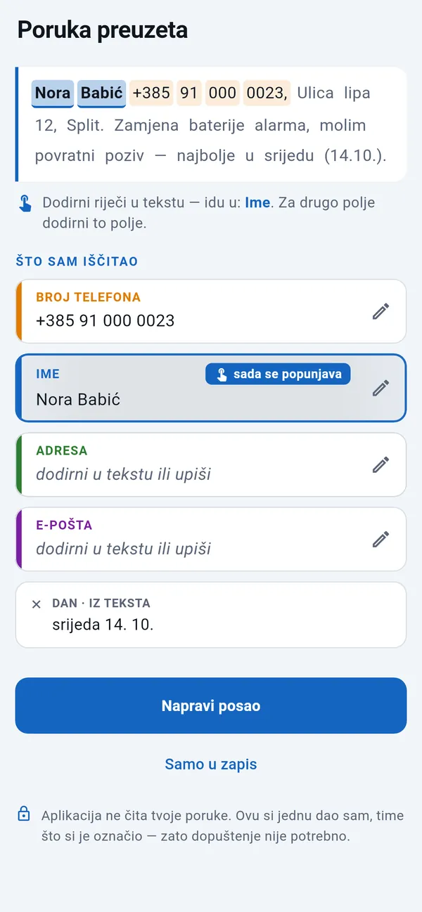 Zalijepljeni SMS s izdvojenim telefonskim brojem i danom, ime se upravo popunjava; polja za adresu i e-poštu za dodir; ispod gumb Napravi posao.
