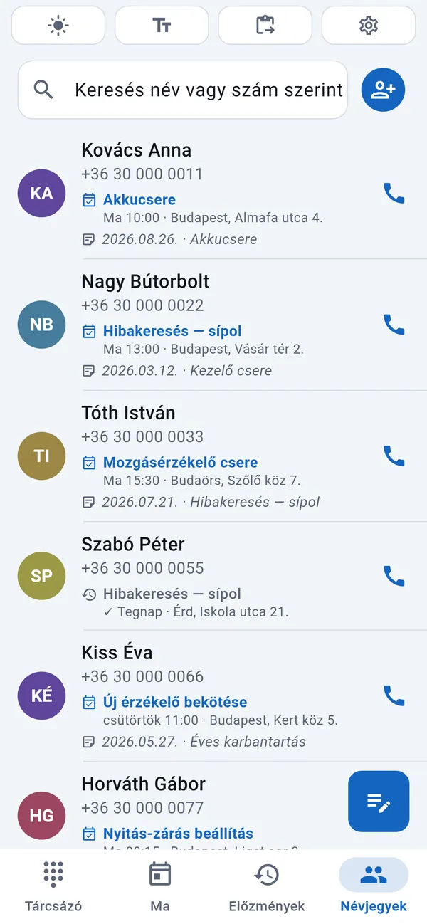 Névjegylista ügyfelekkel; mindegyik alatt a hozzá tartozó munka dátuma és típusa.