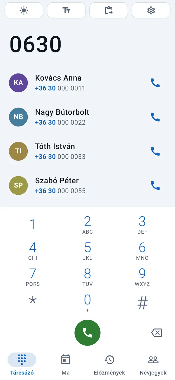 Tárcsázó: a begépelt számjegyek felett a keresésnek megfelelő ügyfelek listája, alatta a számbillentyűzet.