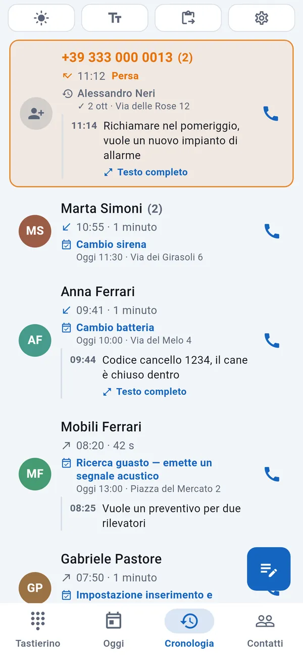 Cronologia: una chiamata persa evidenziata, sotto i chiamanti con i loro lavori e le note.