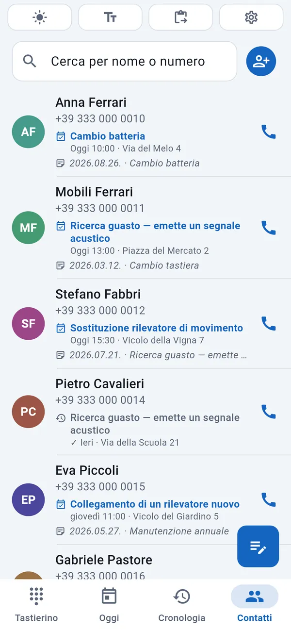 Elenco dei contatti dei clienti, ognuno con la data e il tipo del suo lavoro.