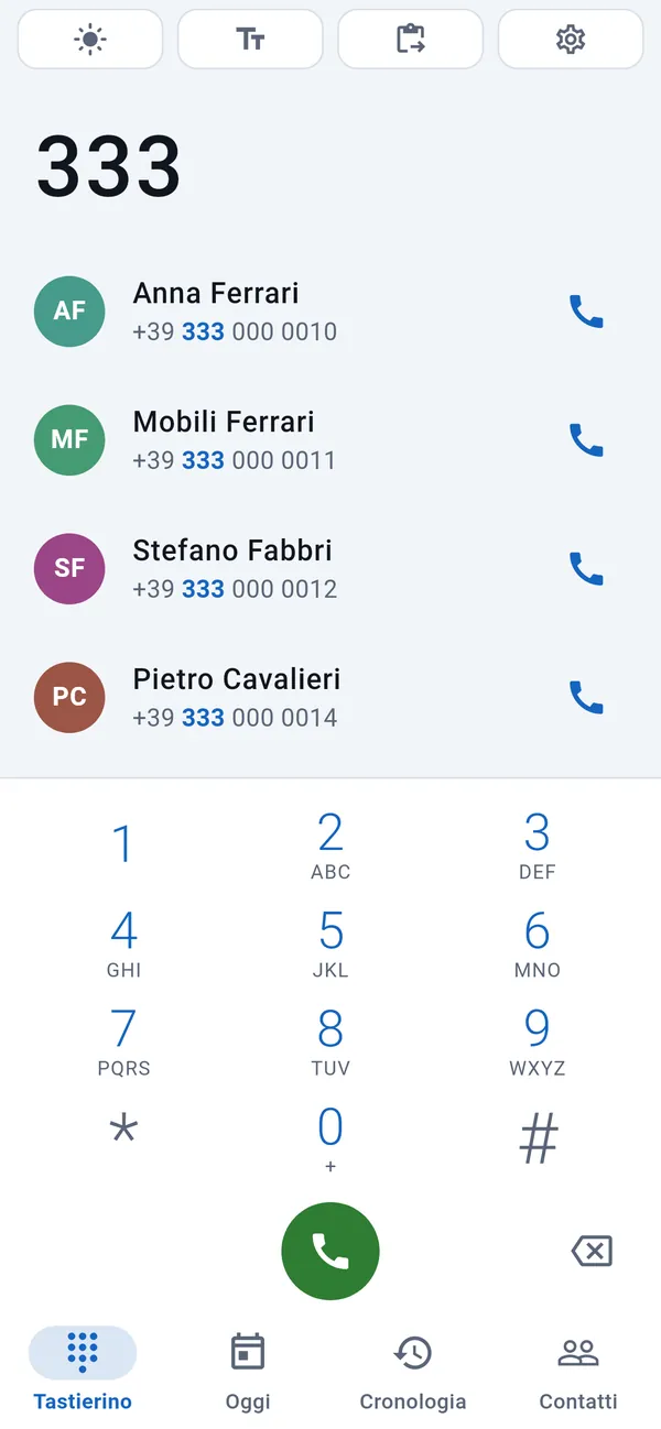 Tastierino: sopra le cifre digitate i clienti corrispondenti, sotto il tastierino numerico.