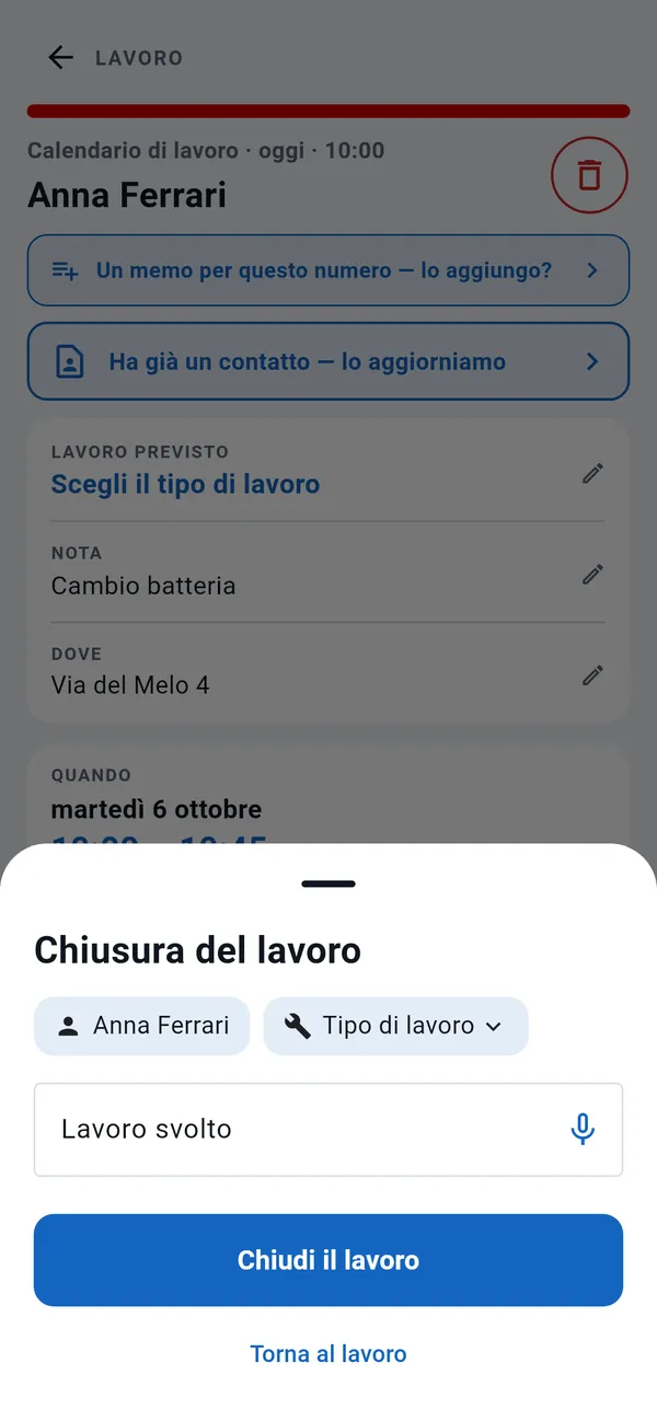 Finestra Chiusura del lavoro: cliente, tipo di lavoro, campo Lavoro svolto con il tasto di dettatura e il tasto Chiudi il lavoro.