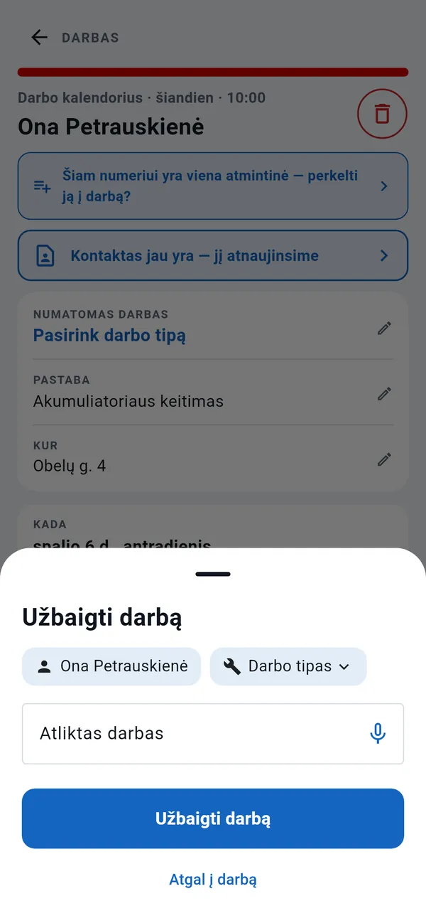 Langas „Užbaigti darbą“: klientas, darbo tipas, laukas „Atliktas darbas“ su diktavimo mygtuku ir mygtukas „Užbaigti darbą“.