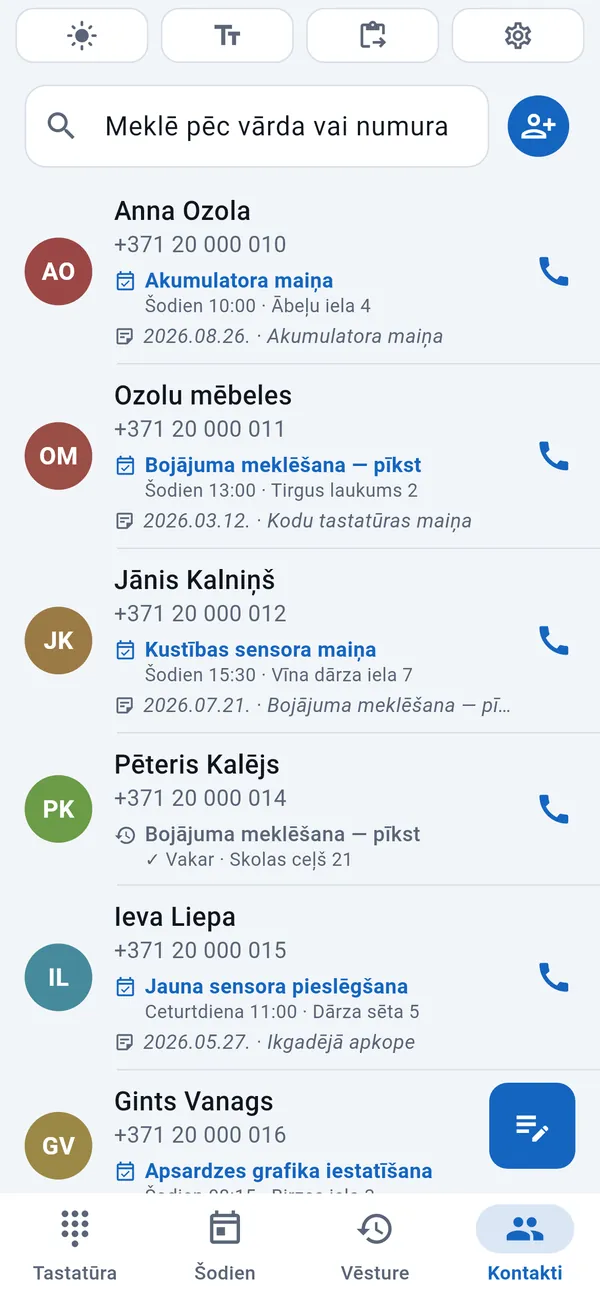 Klientu kontaktu saraksts, pie katra viņa darba datums un veids.