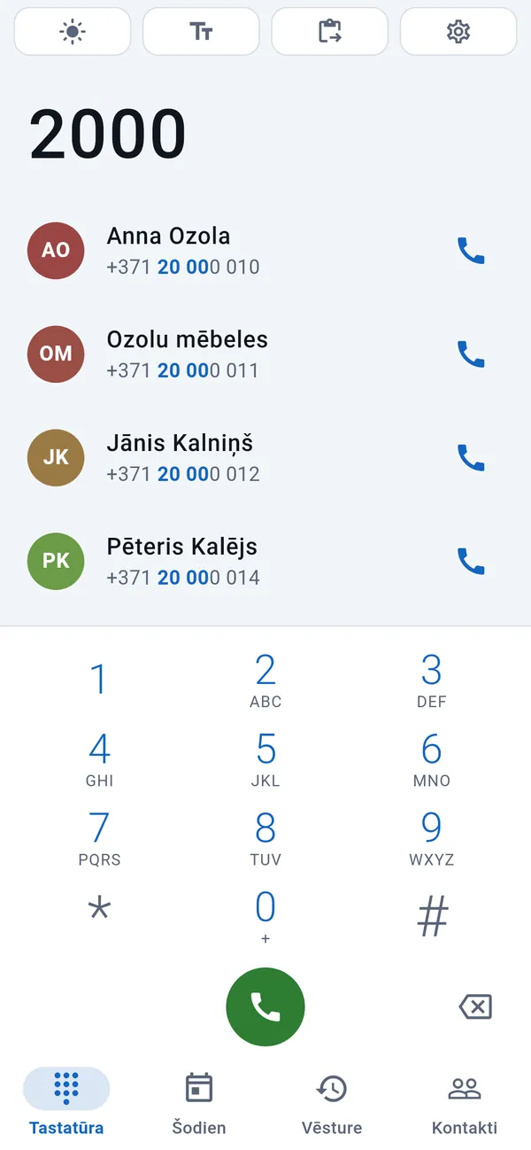 Tastatūra: virs ievadītajiem cipariem atbilstošie klienti, zemāk ciparu taustiņi.
