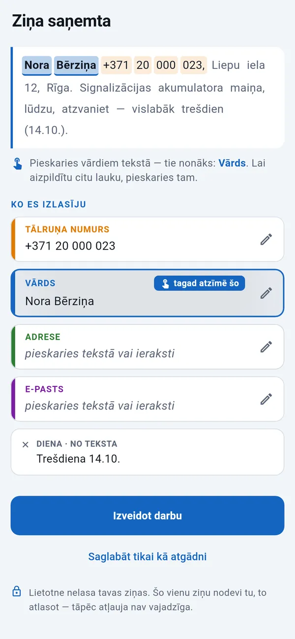 Ielīmēta īsziņa ar atrastu tālruņa numuru un dienu, vārds tiek atzīmēts; adreses un e-pasta lauki, kurus aizpildīt ar pieskārienu; zemāk poga Izveidot darbu.