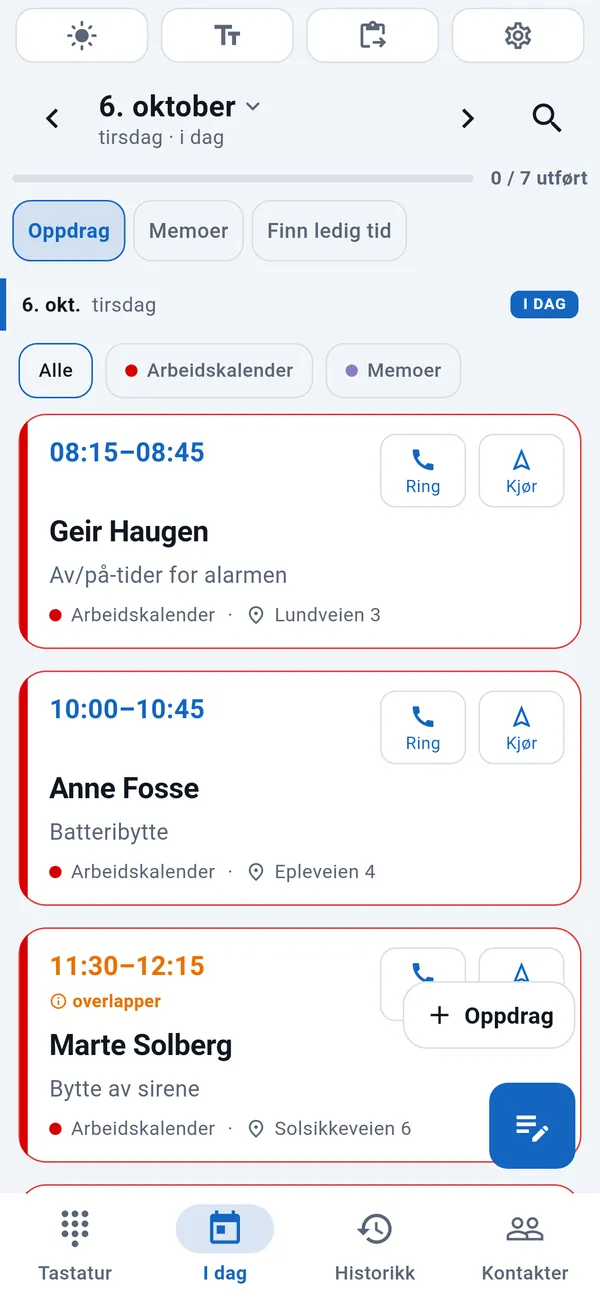 WorkDialer, I dag-fanen: liste over dagens oppdrag med klokkeslett, kundenavn, oppdragstype og adresse, med knappene Ring og Kjør.