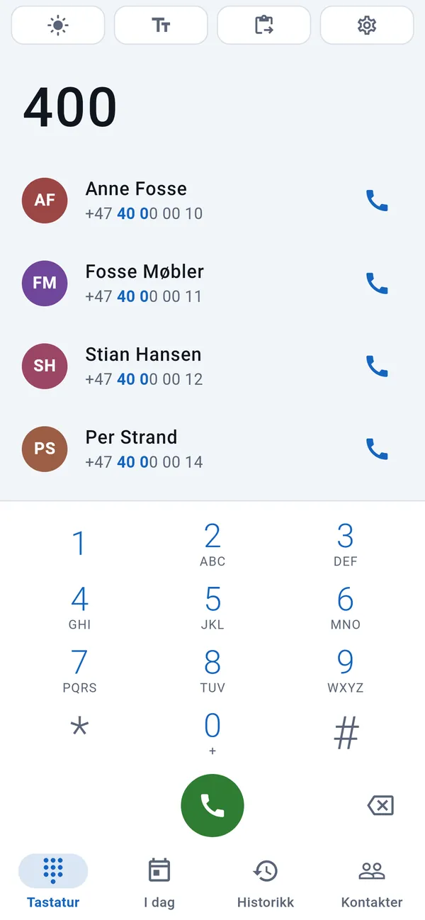 Tastatur: kunder som passer, over de inntastede sifrene, og talltastene under.