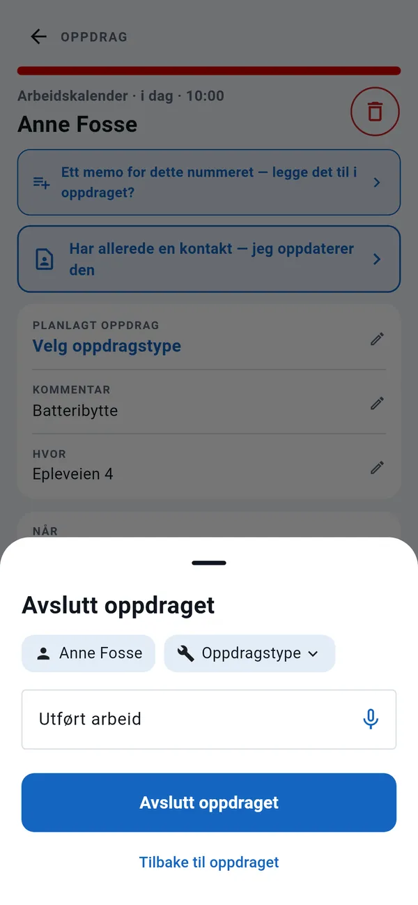 Vinduet Avslutt oppdraget: kunde, oppdragstype, feltet Utført arbeid med dikteringsknapp, og knappen Avslutt oppdraget.