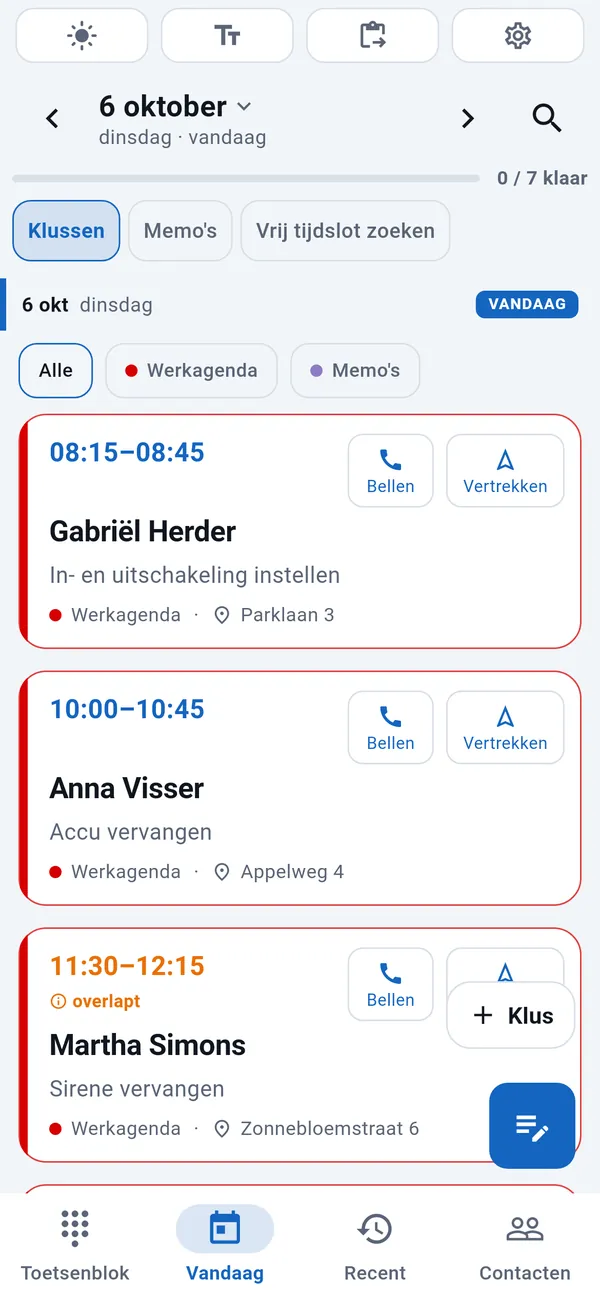 Tabblad Vandaag in WorkDialer: lijst met de klussen van vandaag, met tijd, naam van de klant, soort klus en adres.